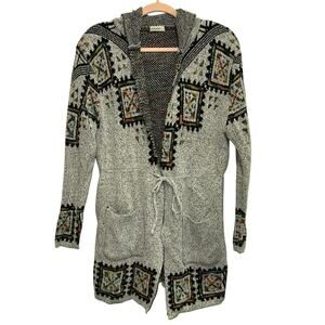 ANDTHEWHY Boho Hooded Cardigan S/M Tribal Print Knit Sweater Open Front Festival